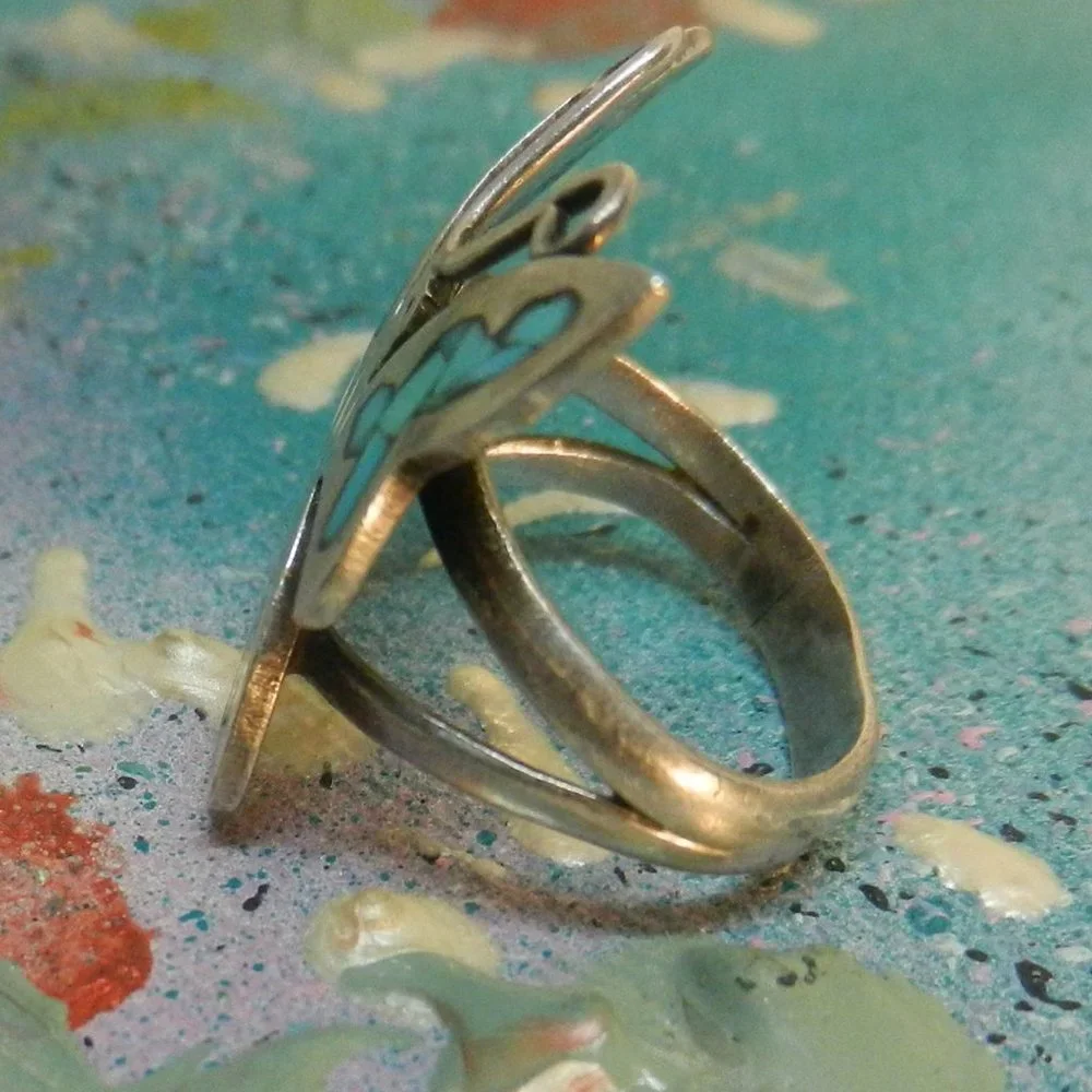 VTG Sterling silver butterfly ring Navajo artisan turquoise garnet nature sz 11